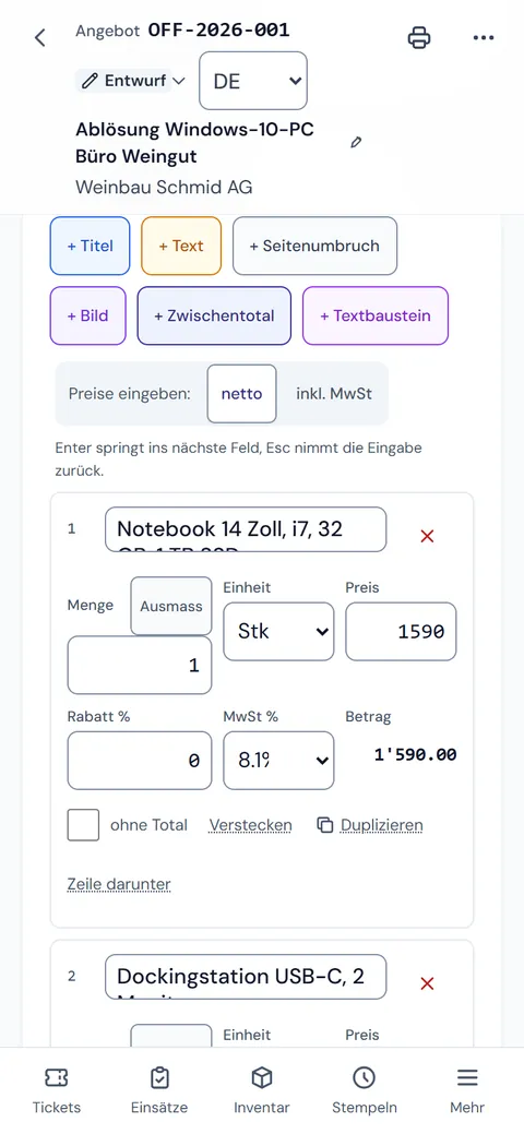 Positionen einer Offerte als Karten am Handy