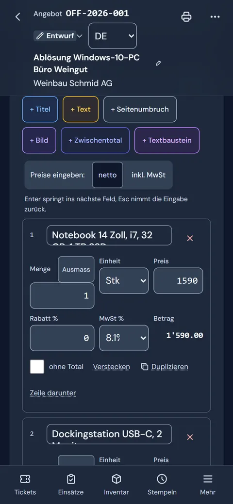 Positionen einer Offerte als Karten am Handy