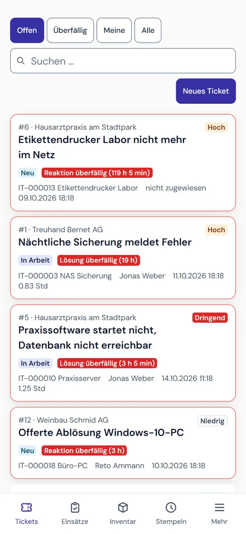dxIT auf dem Handy: offene Tickets mit SLA