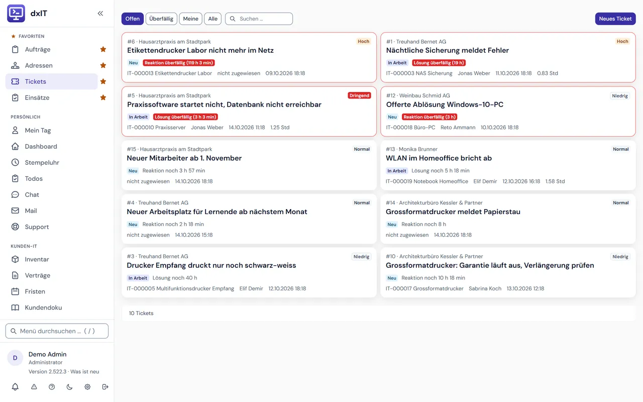Ticketliste von dxIT mit SLA-Fristen, Priorität, Gerät und Zuständigkeit